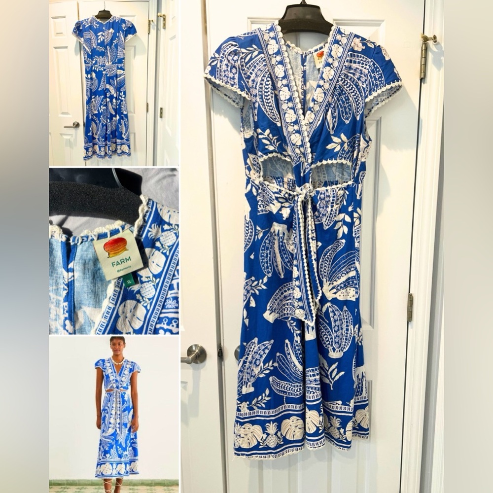 Farm Rio Linen Blue Lace Banana Dress